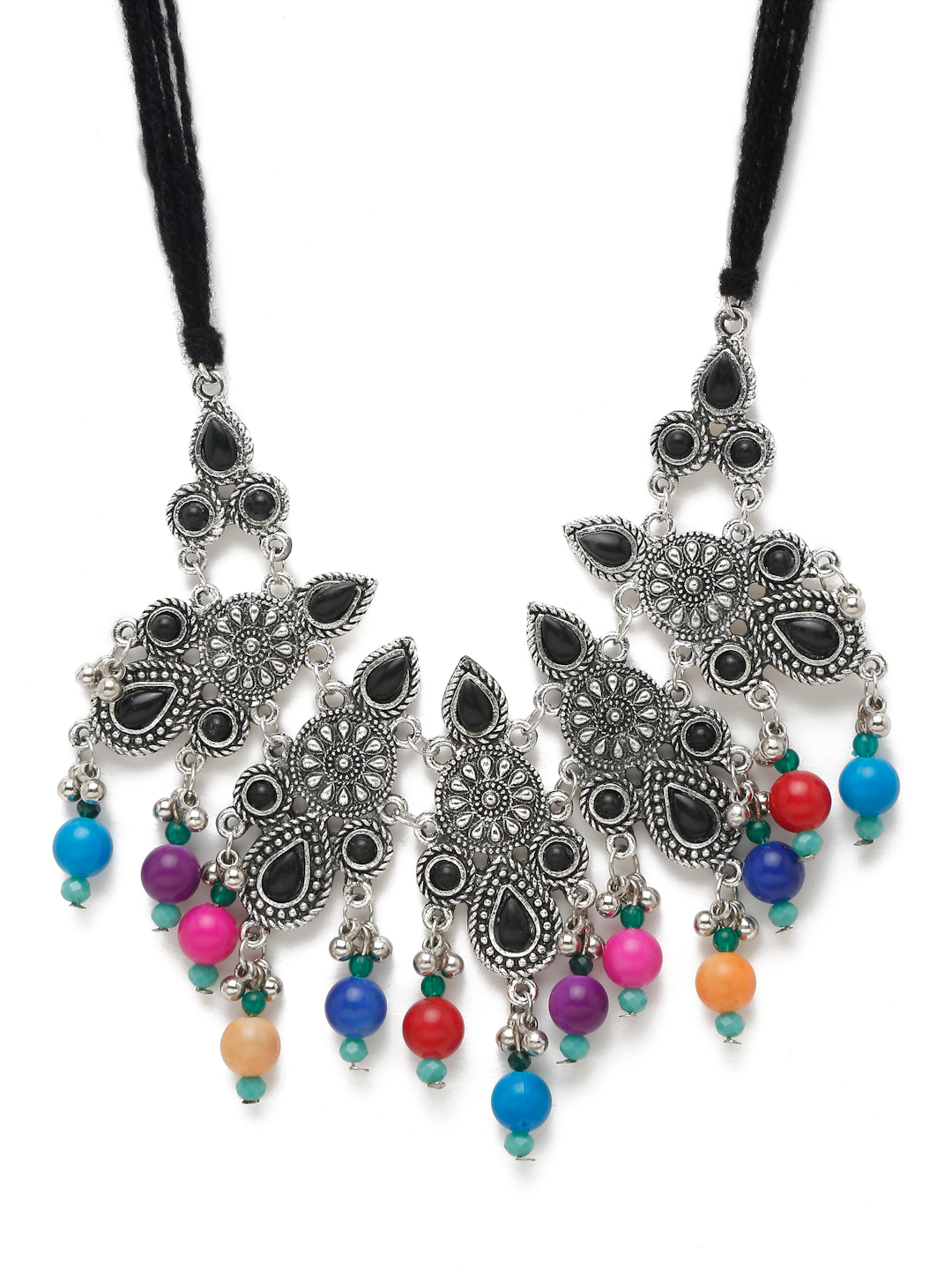 YouBella Jewellery Oxidised Silver Necklace Jewellery Set with Earrings for Girls and Women (Multi) (YBNK_50516)